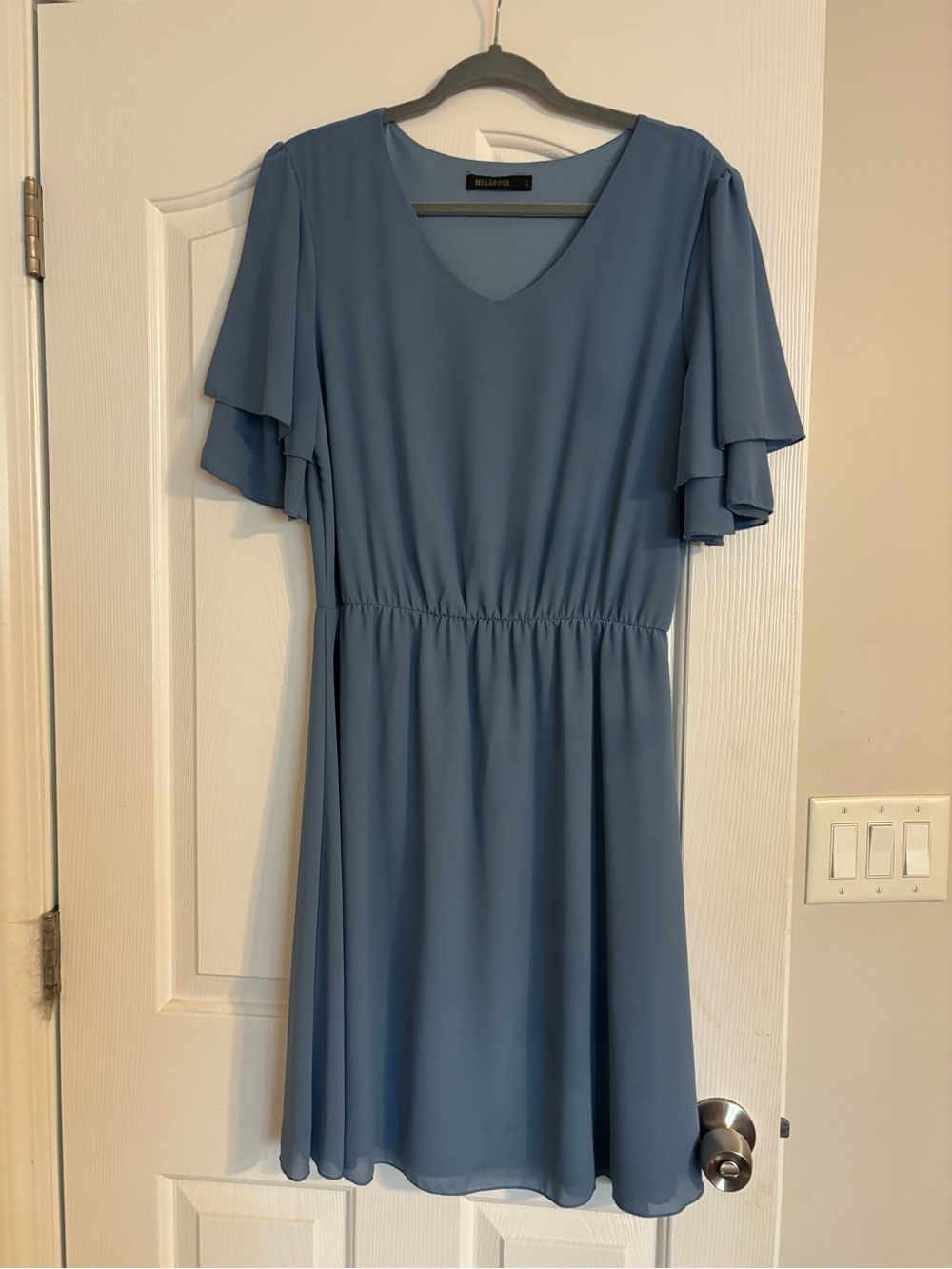 Mikarose Dusty Blue V-Neck Midi Dress with Flutter Sleeves